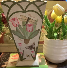 Tall 9”H~Wood Vase~Tulips/Bees/Butterflies/Dragonflies~Hand Painted~Cottage 💚~ picture