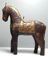 Wooden Hand Carved  Horse Inlay Brass Copper  Armored Vintage Antique 12'' picture