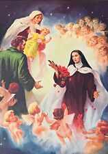 VTG SAINT THERESE LISIEUX LITHOGRAPH LITTLE FLOWER INTO HEAVEN ROSES ANGELS 5x7” picture