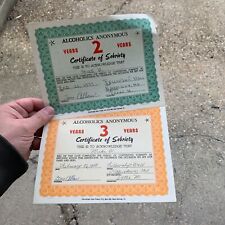 Lot of 2x c.1970s ALCOHOLICS ANONYMOUS Certificate of Sobriety 2 Years 3 Years picture