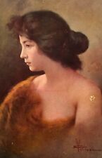 1900s Romantic card Girl Sad Brunette Bare Shoulders Portrait Antique Postcard picture