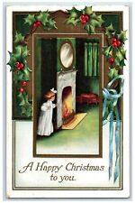 1914 Christmas Little Girl Fireplace Holly Berries Poughkeepsie NY Postcard picture
