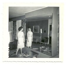 1960s Real Photo MCM Living Room Lady Mirror Coffee Table Ashtray 3.5 x 3.5 VTG picture