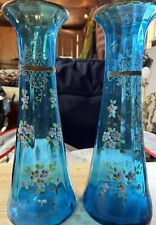 2 Antique Victorian Hand Blown Teal/Blue Glass Hand Painted Floral Optic Vases😳 picture