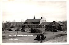 RPPC Fort Peck Administration Bldg Montana 1940's Old Cars Real Photo Postcard picture