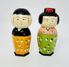 Vtg Japanese Pair of Kokeshi Doll Vase or Pen Holder Figurine Boy Girl Decor picture