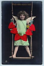 New Year Postcard RPPC Photo Angel With Hearts Swing 1911 Antique Posted picture