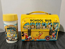 Vintage Walt Disney Yellow School Bus Metal Lunch Box  + Thermos  Aladdin 1960's picture