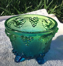 Vtg. Green Blue Indiana Carnival Glass Grape Vine Footed Candy / Nut Dish Bowl picture