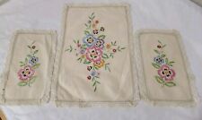 Set 3 Vintage 1960s Floral Embroidered Doily Table Chair Decor Cottage Core  picture