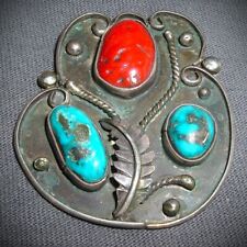 OLD, LARGE, STERLING SILVER, MORENCI TURQUOISE & CORAL NAVAJO PENDANT, picture