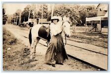 c1910's Woman With Pony Horse Railroad Track RPPC Photo Antique Postcard picture