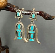 Vintage Zuni Indian Blossom Turquoise Silver Screw Back Dangle Earring picture