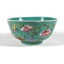 OLD CHINESE FAMILLE ROSE PORCELAIN FOOTED BOWL ENAMELED FLOWERS TURQUOISE CHINA picture