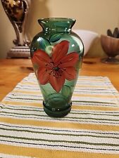 Hand Painted Pilgrim Glass Green Vase Red Flower.  X1 picture