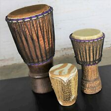Trio of Tribal Drums Carved Wood and Animal Hide picture