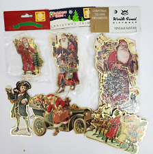 Vintage Lot 8 Tie-ons Christmas Tags Ornaments Shiny Gold Vintage Santas Trees picture