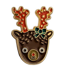 Christmas Holiday Reindeer w Bow Night Owl Productions Enamel Hat Lapel Pin picture
