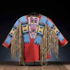 Old Style Beaded Hand Colored Buckskin Suede Hide Powwow Regalia Shirt NS67 picture