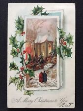 1907 Antique Embossed Tucks Holly Christmas Postcard Series Snowy Walk to Church picture