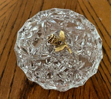 Vintage Clear Glass Cut Jewelry Trinket Box w/Gold Rose on Top, 5