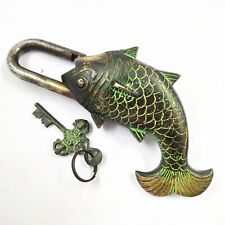Antique Vintage Heavy Rare Lock Key Set Collectible Padlock Working Fish Style picture