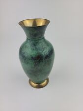 Vintage Metal Brass Vase W Green Speckled Coating Made In India 7 inches Tall picture