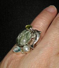 Ahoy: Seraphinite ring Dolphin-Peridot-Blue Topaz Size 5.5  7g   27x17 mm #2102 picture