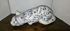 Vintage Ceramic ELPA Alcobaca Cat Blue Floral w Glass Eyes Made In Portugal picture