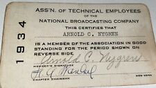Rare Pre-WWII NBC Entertainment Engineer Employee Arnold Nygren Card NY C.1934 picture
