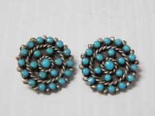 ANTIQUE ZUNI INDIAN STERLING + NEEDLEPOINT TURQUOISE CLIP ON CONCHO EARRINGS picture