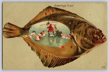 Fish Board Greetings Women Tug of War Postcard NY Souvenir Co. 13140 Cancel 1908 picture