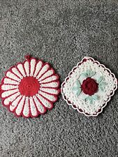Vintage Hand Crochet Red And White Rose Hot Pad Potholder Granny Chic Set Of 2 picture