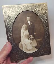 Vtg 1920's Wedding Photo Bride & Groom Oval Wire Glasses Period Dress Headpiece picture