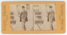 c1900's RARE Real Photo Stereoview of Man With Trained Parakeets on The Street picture