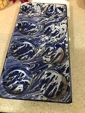 VERY RARE EARLY COBALT BLUE SWIRL MUFFIN PAN GRANITEWARE ENAMELWARE ANTIQUE picture