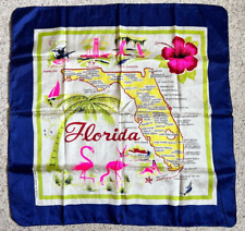 Vintage 1950s FLORIDA Souvenir State Blue & Chartreuse Green  Rayon Square Scarf picture