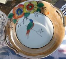 Vintage Japanese Nippon Orange Lusterware Hand-painted Double Handled Bird Plate picture