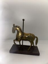 VTG Brass Carousel Horse Figurine Solid Wooden Base Brass Horse Statue 7” X 9” picture