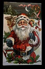 Christmas~Santa Claus with Reindeer~Holly~Toys Antique Xmas Postcard~h737 picture