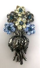 VINTAGE BOUQUET BROOCH RHINESTONE FLORAL PEWTER LIKE METAL W/BL-YLW-GRY FLOWERS picture