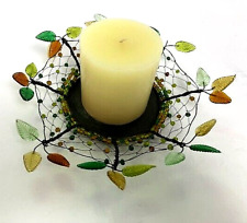 Vintage Retro Beaded Wire & Glass Leaf Metal Candle Holder picture