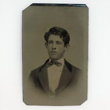 Big Ears Bowtie Boy Tintype c1870 Antique Young Man Suit 1/6 Plate Photo A4085 picture