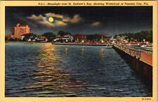 Panama City FL-Florida, Moonlight St. Andrew's Bay Waterfront Vintage Postcard picture