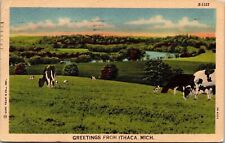 Greeting Ithaca Michigam MI Cows Field Hills Sunset VTG Postcard Linen PM 2c WOB picture