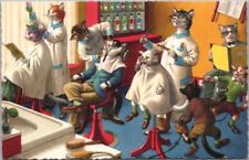 Artist-Signed ALFRED MAINZER Cat Postcard Barber Shop Haircuts BELGIUM #4880 picture