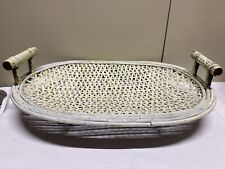 Vtg French Country Victorian Woven Whitewashed Oval Centerpiece 2 Handled Basket picture