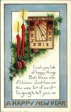 Vintage 1910's Tempus Fugit Time Flies Clock Candles Happy New Year Postcard picture