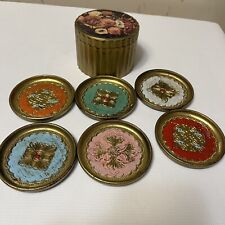7 Piece Vintage Italian Florentine Coaster Set Floral Ribbed Box Hand Painted picture