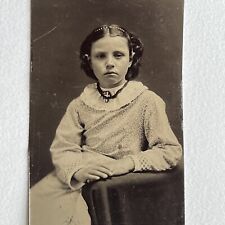 Antique Tintype Photograph Adorable Stoic Sweet Little Girl Cross Necklace picture